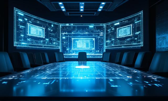 Corporate boardroom with integrated holographic AI reporting statistics