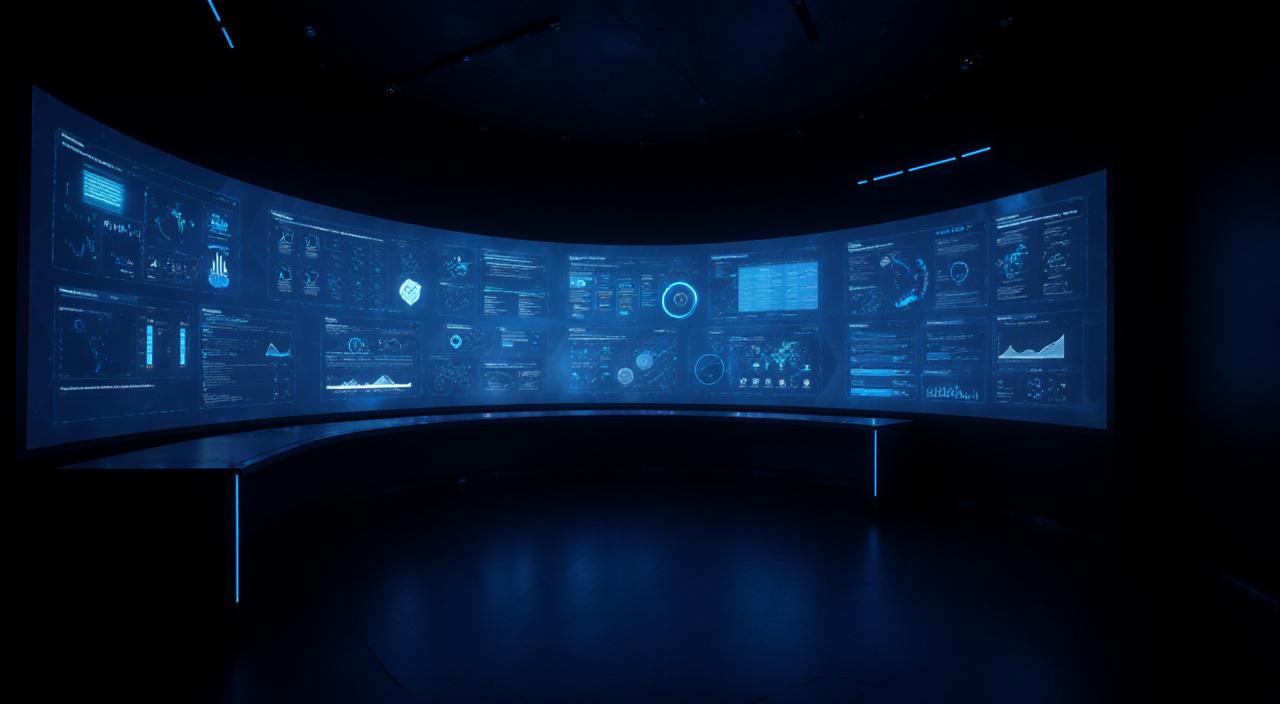 Futuristic high-tech data command center with holographic displays