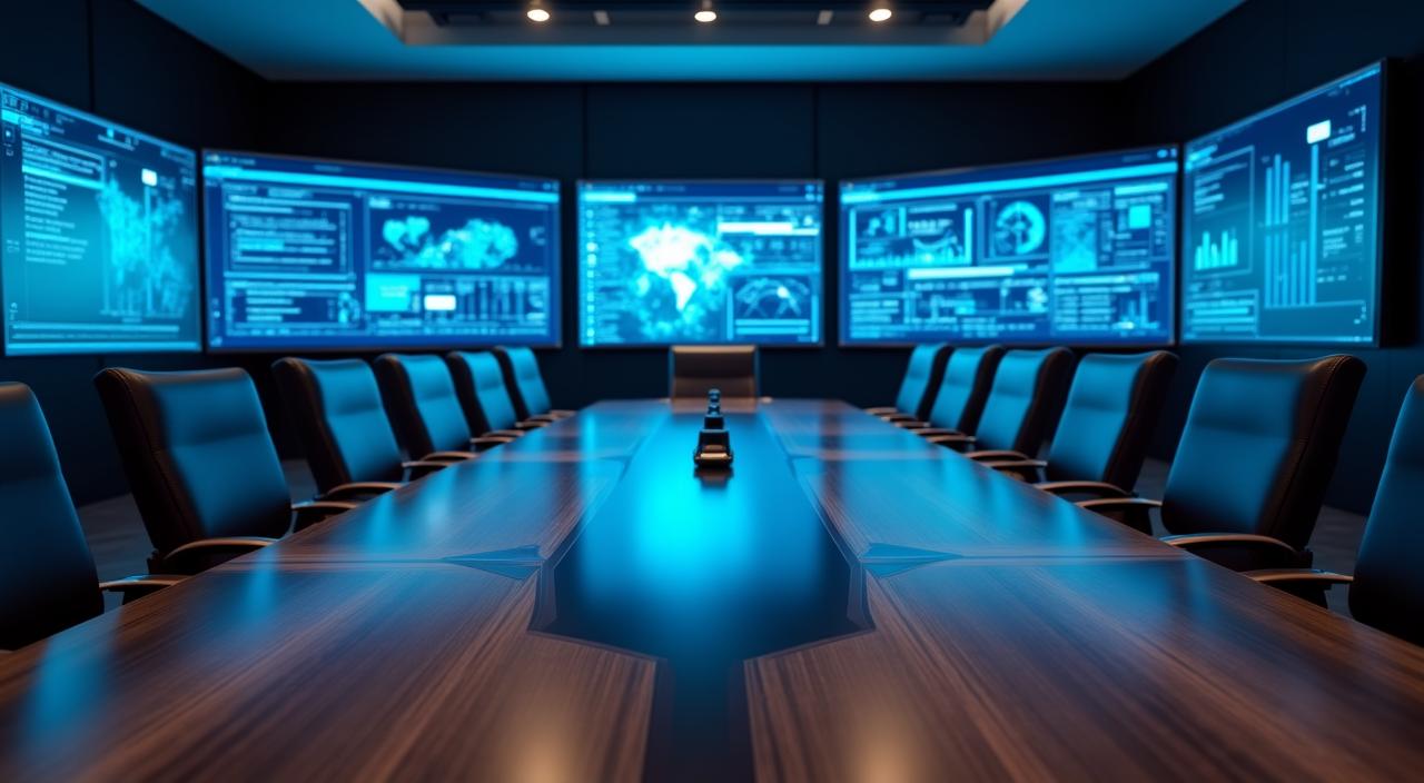 Executive boardroom with digital AI business visualization on screens